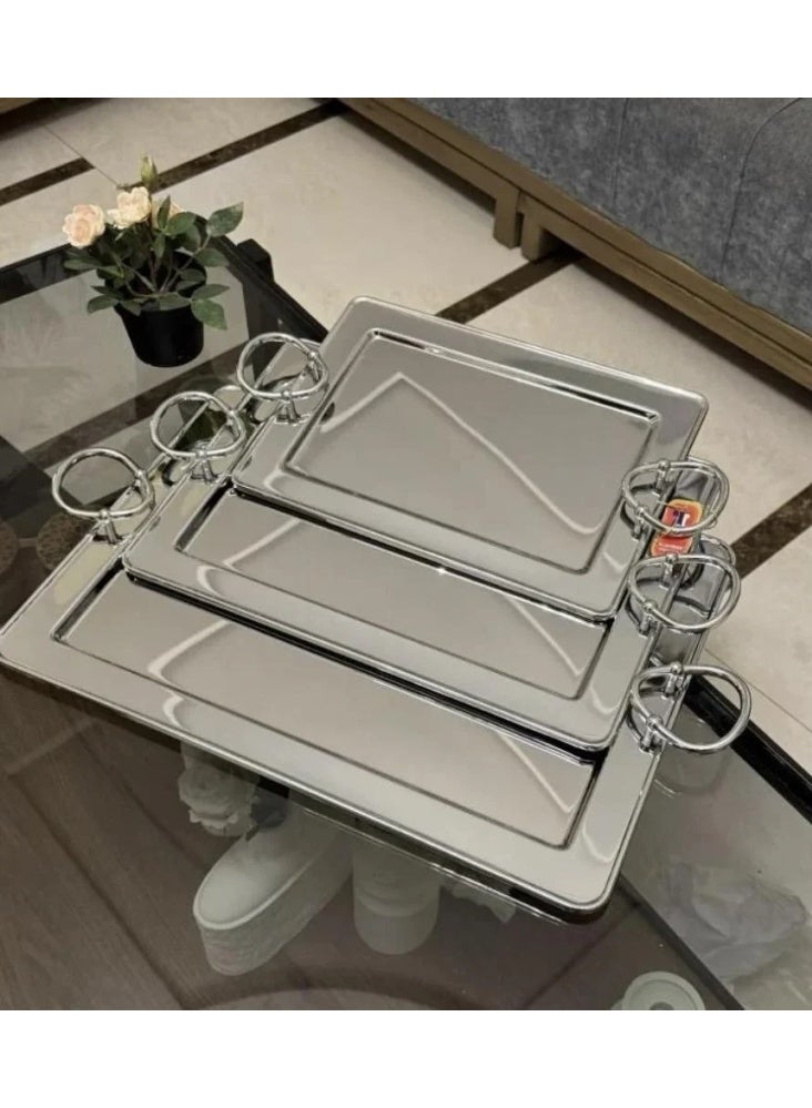 متجر نايس صينية تقديم شاي وقهوة بتصميم عربي أصيل - هيكل متين مقاوم للصدأ  طقم 3 قطع بمقاسات مختلفة - Image 2